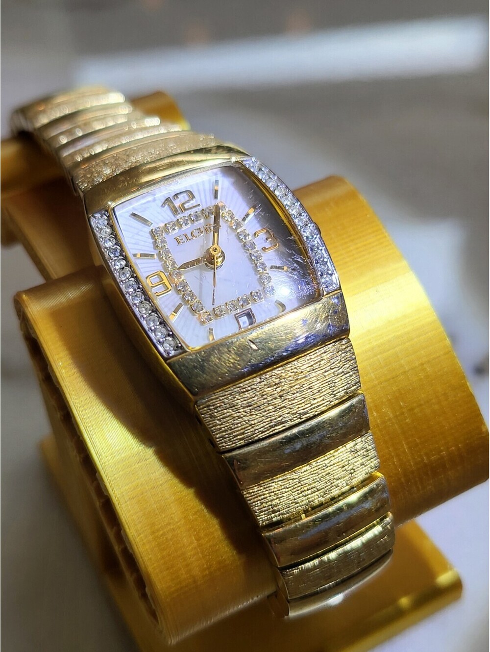 Elgin Womens GoldTone Dress Watch Crystal Bracelet Quartz Analog EG354 Works EUC
